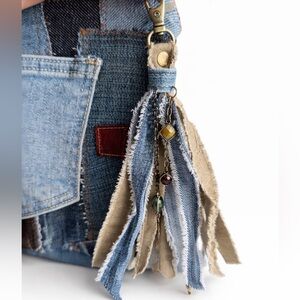 Shabby Denim Tassel Bag Charm with Mixed Beads | Boho | 8” Long | One of a Kind